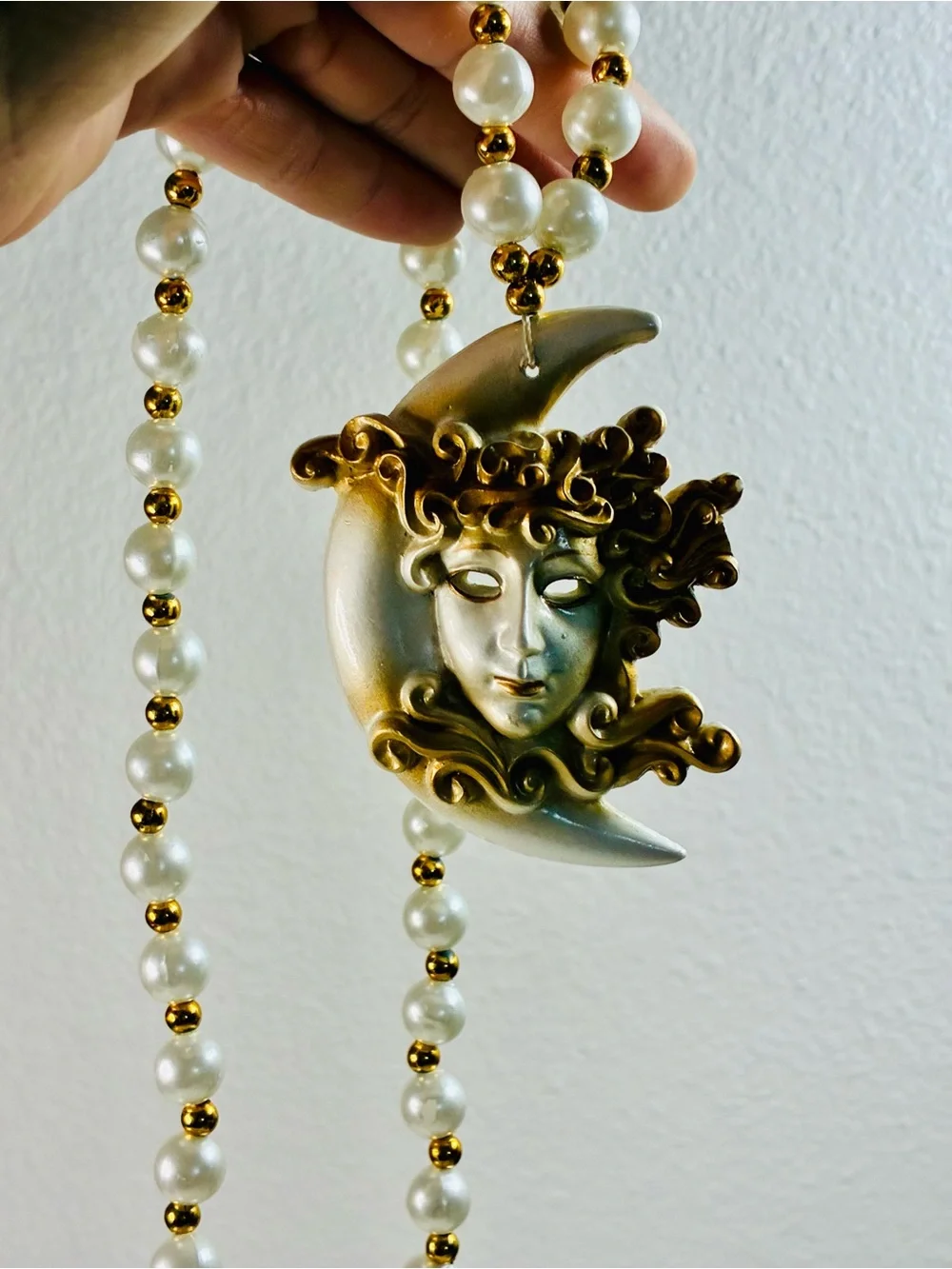 Venetian-Style Mardi Gras  White Pearl Bead Necklace with Gold Moon Mask Pendant